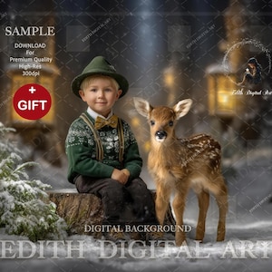 Fondo digital navideño para fotografía, compuesto fotográfico, ciervos en el bosque nevado e invernal. Fondo digital de fantasía para niños. Descarga instantánea.