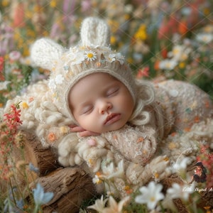 Neugeborenen Digitalen Hintergrund Neugeborenen Digitalen Hintergrund Fügen Sie das Gesicht zu Baby Girl Bunny, Digitale Vorlage Neugeborenen Overlay Frühlingsblütenfeld Bild 9