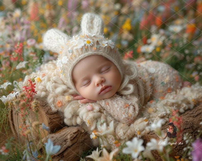 Neugeborenen Digitalen Hintergrund Neugeborenen Digitalen Hintergrund Fügen Sie das Gesicht zu Baby Girl Bunny, Digitale Vorlage Neugeborenen Overlay Frühlingsblütenfeld Bild 9