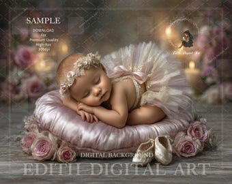 Newborn Digital Backdrop, Pink Floral Ballet Baby Girl, Fine Art Portrait For Newborn Composites, Fairytale Studio Photography Background
