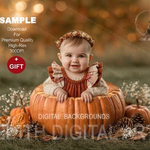 Puede incluir: Un fondo de fotografía digital con un bebé sentado dentro de una calabaza naranja grande. El bebé lleva una blusa con volantes de color óxido y una diadema floral. La escena incluye piñas, flores secas y calabazas pequeñas dispersas.