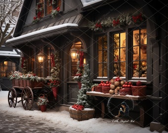 Christmas Digital Backdrop, Christmas  Background, Christmas Store Front Photography, Xmas Outdoor Shop. Photoshop Composite Download 8