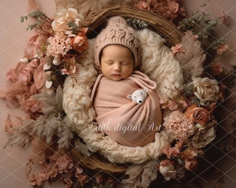 Newborn Digital Backdrop Photography, Face Insert Baby Digital Background for Girl, Add face Digital Photo Prop Composite, Floral Backdrop.