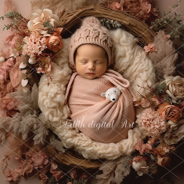 Neugeborenen Digitalen Hintergrund Fotografie, Gesicht einfügen Baby Digitaler Hintergrund für Mädchen, Gesicht Digital Photo Prop Zusammensetzung, Blumen Hintergrund.