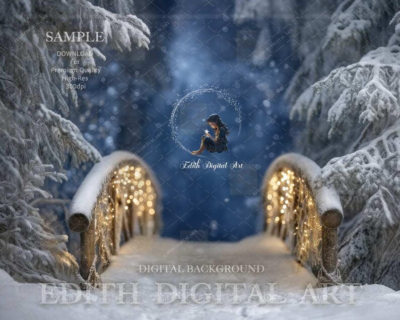Magical Snow Woodland Bridge Photo Background, Winter Digital Backdrop ...