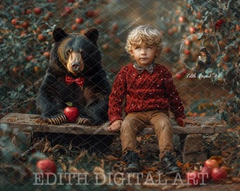 Fall Digital Backdrop, Black Bear at Autumn Orchard Farm Road, Wooden Bech Outdoors Portrait, Fantasy Fall Composites, Kids & Pets. Download
