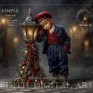 Magical Christmas Digital Backdrop, Snowy Village Street Background for Photography Composite, Whimsical Vintage Outdoors Portrait Download