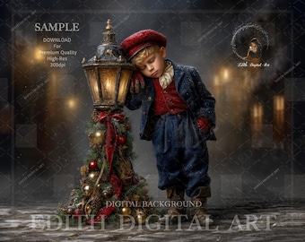 May include: A young boy in a red hat and blue coat leans against a decorated Christmas lamppost. The lamppost is adorned with red ribbon, pine branches, and ornaments. The background is a blurry cityscape with lights.