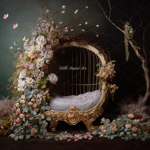 Princess Newborn Digital Bed, Newborn Digital Background, Floral Baby Crib, Newborn Composite Photography Studio, Spring  Digital Photo Prop