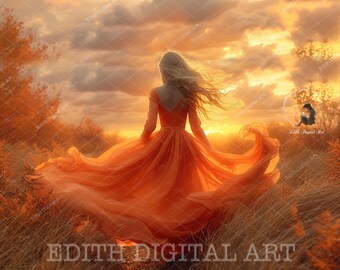Dreamy Fall Digital Backdrop Photography, Autumn Field, Sunset,  Fall Outdoors Portraits, Nature Landscape Photo,  Autumn Creative Composite