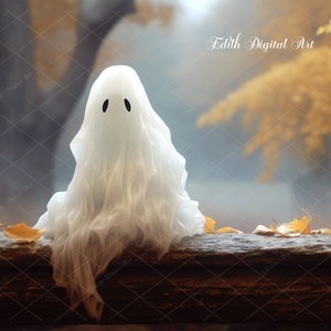 May include: A white ghost with two black eyes sits on a brown log with fallen yellow leaves in front of a blurry background of trees.