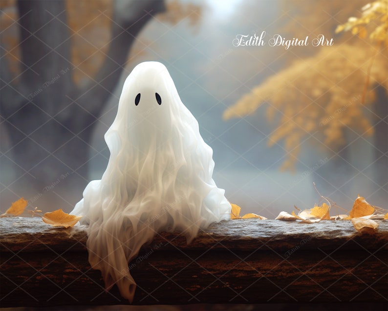 May include: A white ghost with two black eyes sits on a brown log with fallen yellow leaves in front of a blurry background of trees.