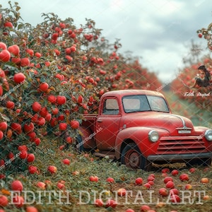 Fall Digital Backdrop Composite, Apple Orchard Road, Fall Red Truck, Autumn Digital Background Photography, Apple Farm Path,  Outdoor Photo