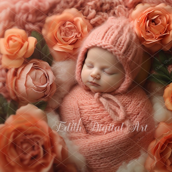 Newborn Digital Backdrop Photography, Face Insert Baby Digital Background for Girl, Add face Digital Photo Prop Composite, Floral Poppet.