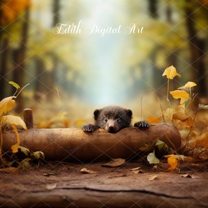 Fall Digital Backdrop Photography,  Autumn Tree Log with Baby Bear on Enchanted Autumn Forest, For Kids, Toddlers Portrait, Instant Download