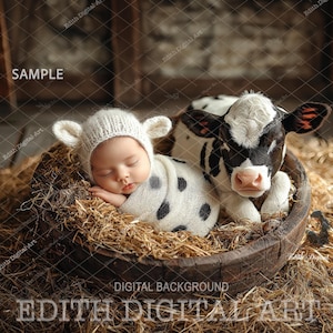Newborn Digital Backdrop, Baby Photo Portrait, Digital Photography For Boy or Girl Composites, Farm Animals at Rustic Barn, Cow Background