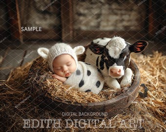 Newborn Digital Backdrop, Baby Photo Portrait, Digital Photography For Boy or Girl Composites, Farm Animals at Rustic Barn, Cow Background