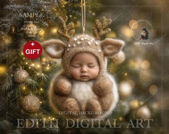 Newborn Face Insert, Christmas Tree Ornament Digital Backdrop, Faceless Deer Baby's First Christmas Photography, Baby Girl or Boy Portraits