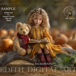 Autumn Digital Backdrop, Pumpkin Patch and Teddy Bear, Fantasy Fall  Background Photography Fine Art  For Children Composites. Download
