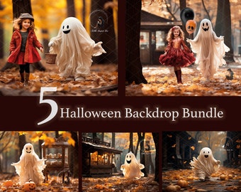 Halloween Backdrops Photography, Halloween Digital Background, Cute Ghost at Fall Forest, Fun Backdrop For Kids, Bundle of 5 Ghost Backdrops