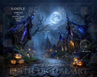 May include: A digital background image featuring a spooky Halloween scene. The image shows a cobblestone path leading to illuminated houses with glowing windows. Carved pumpkins line the path, and a full moon shines in the night sky. The text "DIGITAL BACKGROUND" is visible.