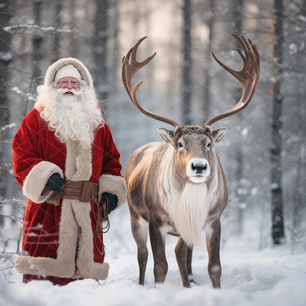 Santa and Reindeer Backdrop Digital, Christmas Digital Background, Santa on Snowy Nort Pole Land, Deer On Winter Forest, Instand Download.