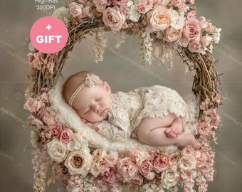 Newborn Digital Backdrop Swing, Baby Girl Flower Hoop, Spring Floral Composite, Studio Background Photography