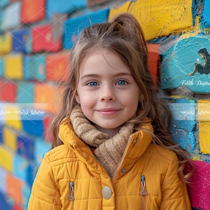 May include: A young child with long light brown hair and blue eyes wearing a mustard yellow quilted jacket and a tan ribbed knit scarf. The child is positioned in front of a wall painted with colorful rectangular blocks and a logo reading Edith Digital Art.