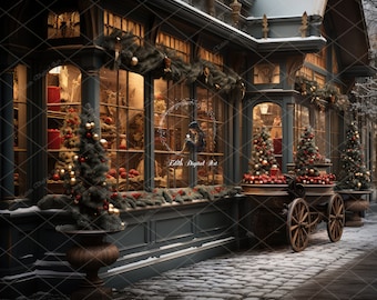 Christmas Digital Backdrop, Christmas  Background, Christmas Store Front Photography, Xmas Outdoor Shop. Photoshop Composite Download 2