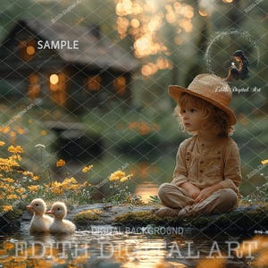 Spring Digital Backdrop Photography, Whimsical Summer Duck Pond, Outdoor Nature Background, Studio Portrait Composite, Photoshop Overlay