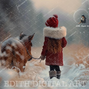 Forêt hivernale enchantée, toile de fond numérique cheval de ferme, portrait d'enfants magique, photographie composite d'enfants en plein air. + Enneigement gratuit
