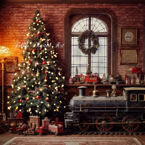 Fond de photographie de Noël, portrait en studio de Noël dans le salon, toile de fond numérique vintage sapin de Noël pour enfants, séance photo pour tout-petits