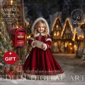 May include: A young girl in a red velvet dress with white fur trim holds a letter in front of a red Santa mailbox. The background features a Christmas tree, gifts, and a festive village scene. The image has the text "Edith Digital Art".