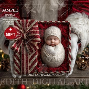 Op de afbeelding: Een pasgeboren baby, gewikkeld in een beige deken en muts, genesteld in een rood-gouden geschenkdoos met een grote strik. De doos wordt vastgehouden door iemand die een kerstman kostuum draagt. De afbeelding heeft de tekst "SAMPLE" en "GIFT".