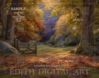 May include: A digital background image of a forest scene with a wooden gate, trees, and fallen leaves. The image has text that reads "SAMPLE", "DOWNLOAD For Premium Quality High-Res 300dpi", "DIGITAL BACKGROUND", and "EDITH DIGITAL ART".