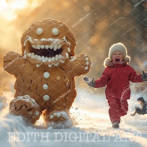 Digitale achtergrond peperkoek, rennend voor peperkoekkoekjesmonster, leuke kerstachtergrond fotocomposiet, Snow Woodland Road.