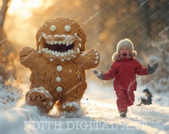 Gingerbread Digital Backdrop, Running from Gingerbread  Cookie Monster, Fun Christmas Background Photo Composite, Snow Woodland Road.