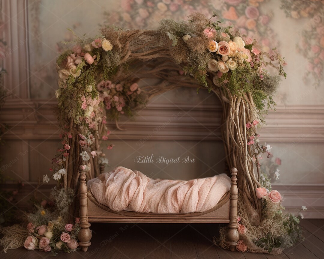 Newborn Digital Wooden Bed, Newborn Digital Background, Floral Crib