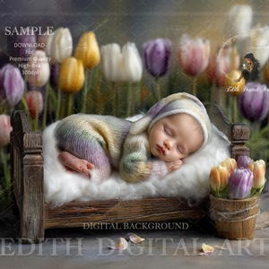 May include: A sleeping baby in a pastel-coloured knitted outfit and hat, lying on a small wooden bed with a fluffy white blanket. A small wooden bucket with tulips sits beside the bed. The background features colourful tulips.