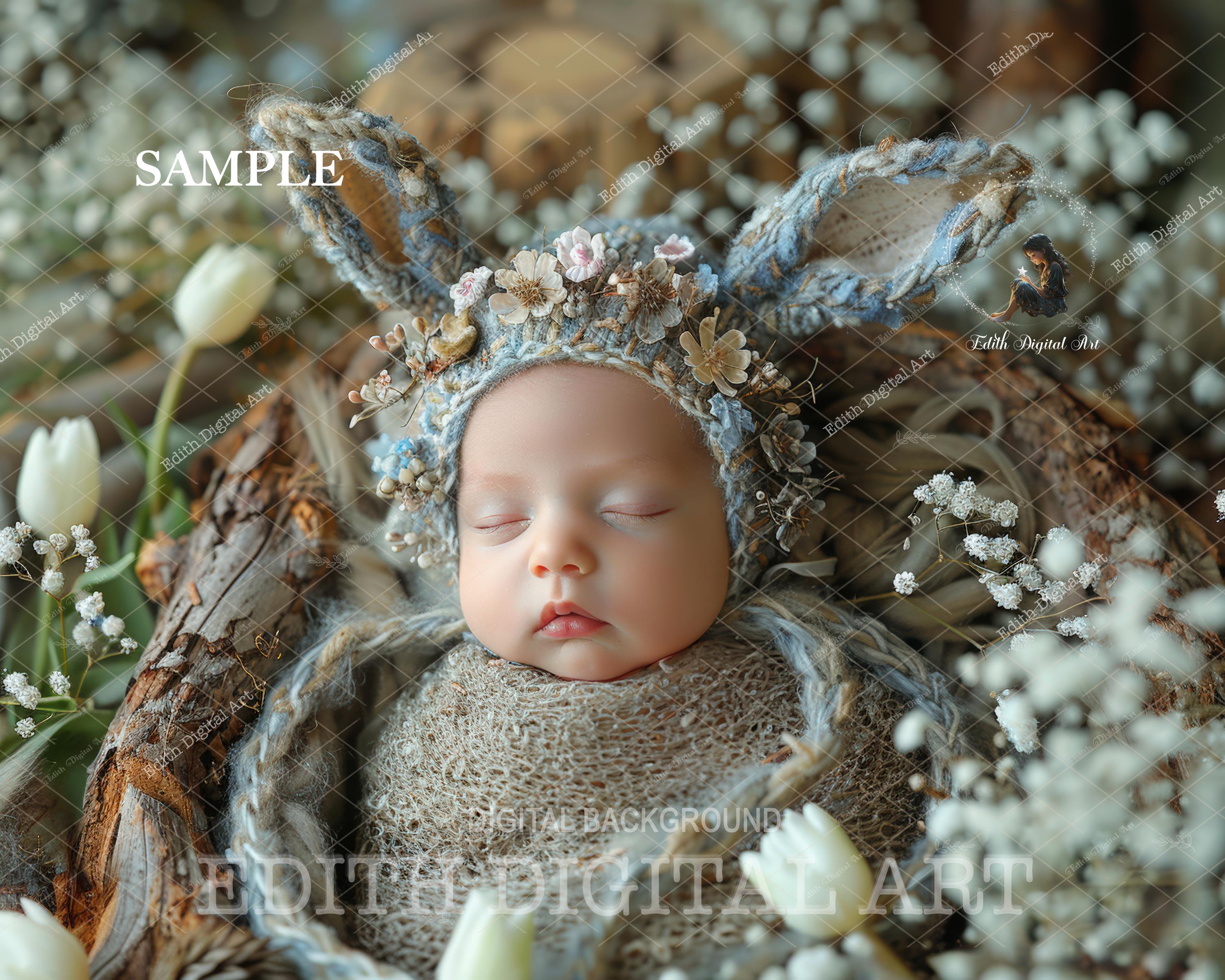 Spring Newborn Digital Background Photography, Easter Bunny Digital Backdrop, Newborn Face Insert, Add Face, Floral Outdoors Portrait.