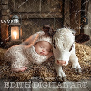Newborn Digital Backdrop, Baby Photo Portrait, Digital Photography For Boy or Girl Composites, Farm Calf at Rustic Barn, Country Background