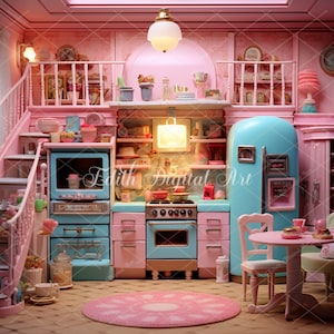 Doll Background Digital,  Pink Doll Kitchen Backdrop, Dolly Dining Room, Photography Doll House, Composite Photoshop Overlay  Digital Prop
