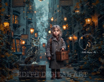 Halloween Digital Backdrop, Magic Wizard Street Background Photography, Mistic City, Owl, Suitcase, Fantasy Portraits, Instant Download.