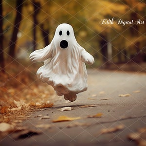 May include: A white ghost figurine with a surprised expression is running down a path in a forest. The path is covered in fallen leaves.