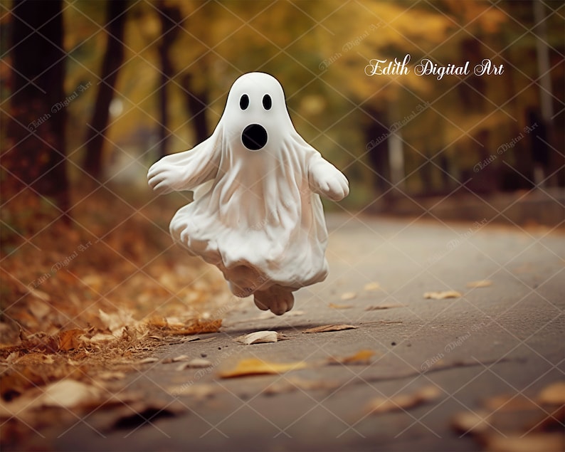 May include: A white ghost figurine with a surprised expression is running down a path in a forest. The path is covered in fallen leaves.