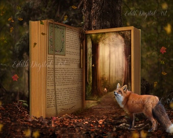 Enchanted Fairytale Book Background, Autumn Magic Forest and Fox, Fall Fantasy Book for Children Composite. Kids Digital Magic Backdrop.