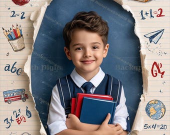 Back To School Digital Backdrop Photography, Ripped Paper Photo Background, PNG Template. Instant  Download