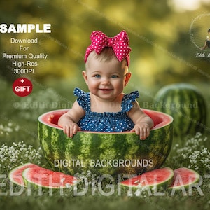 May include: A digital photography backdrop featuring a baby wearing a blue polka dot top and a pink polka dot bow headband, sitting inside a hollowed-out watermelon. The image includes text overlays reading SAMPLE, Download For Premium Quality, and GIFT.
