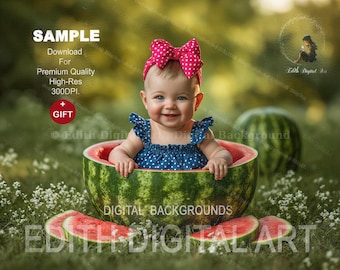Summer Digital Backdrop, Watermelon Photoshoot For Toddler or Pets Mini Session. Outdoor Portrait Digital Background. Downloadable