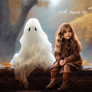 May include: A young girl in a brown dress and brown boots sits on a log with a white ghost beside her. The background is a blurred image of fall foliage.